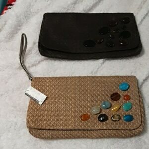 New York & Company Tan And Brown  Woven Clutches With Stones On Front Nwt Tan